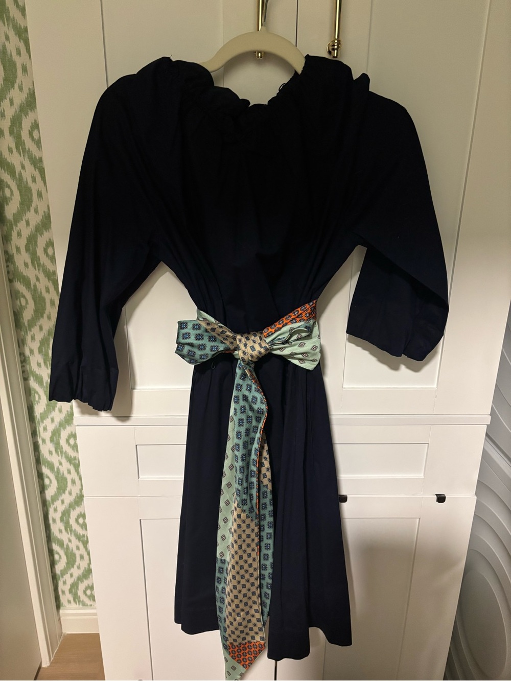 Sara Campbell Navy Dress with Multi-Patterned Sash